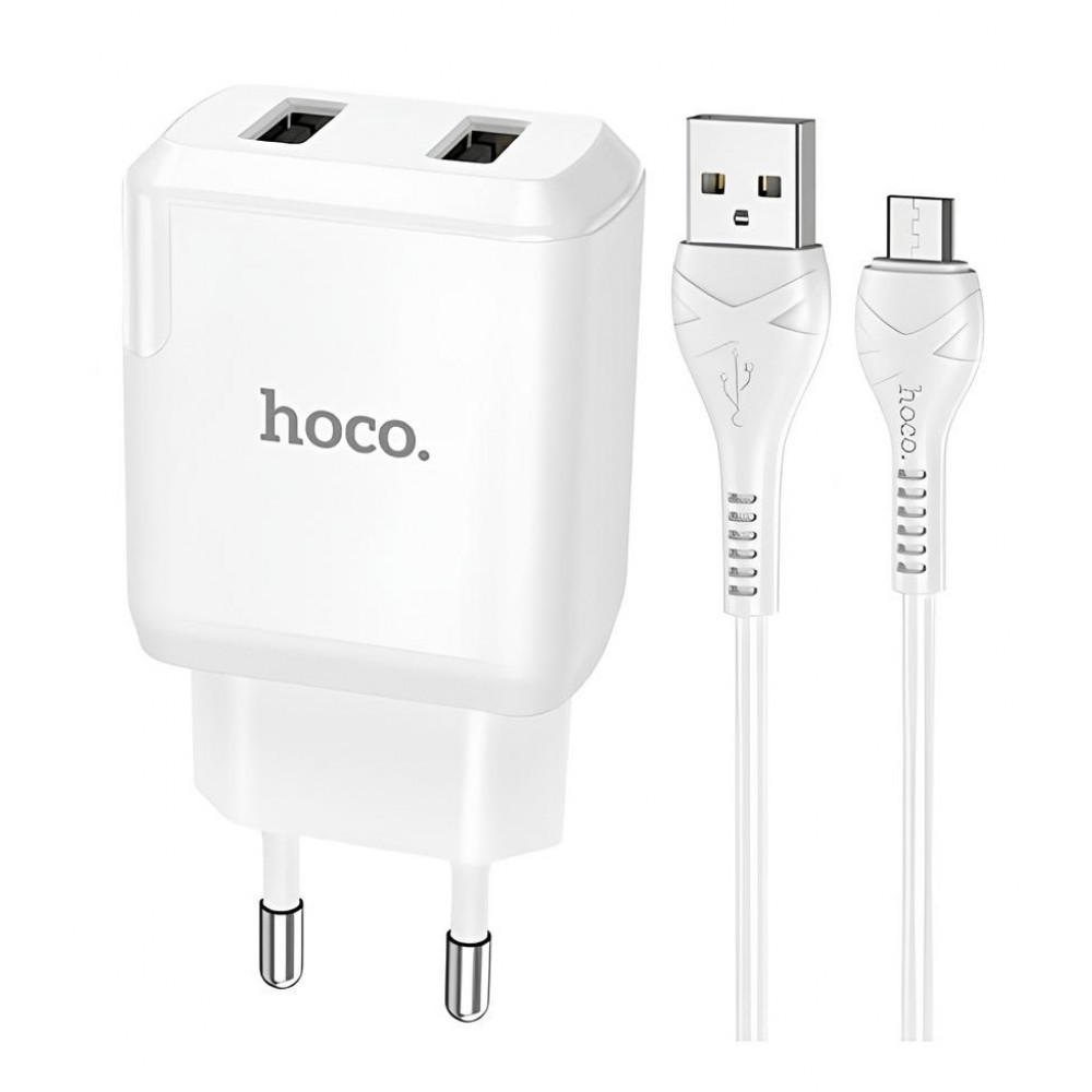 СЗУ Hoco N7 кабель Micro-USB на 2 порти White, Мережевий зарядний блок із кабелем 1 м