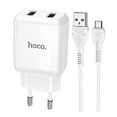 СЗУ Hoco N7 кабель Micro-USB на 2 порти White, Мережевий зарядний блок із кабелем 1 м