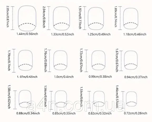 Накладные ногти - Интернет-магазин A4N Размеры накладных ногтей