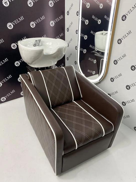 Мийка перукарня Valencia Lux кераміка біла, екошкіра Коричнева з білим кантом (VelmiTM)