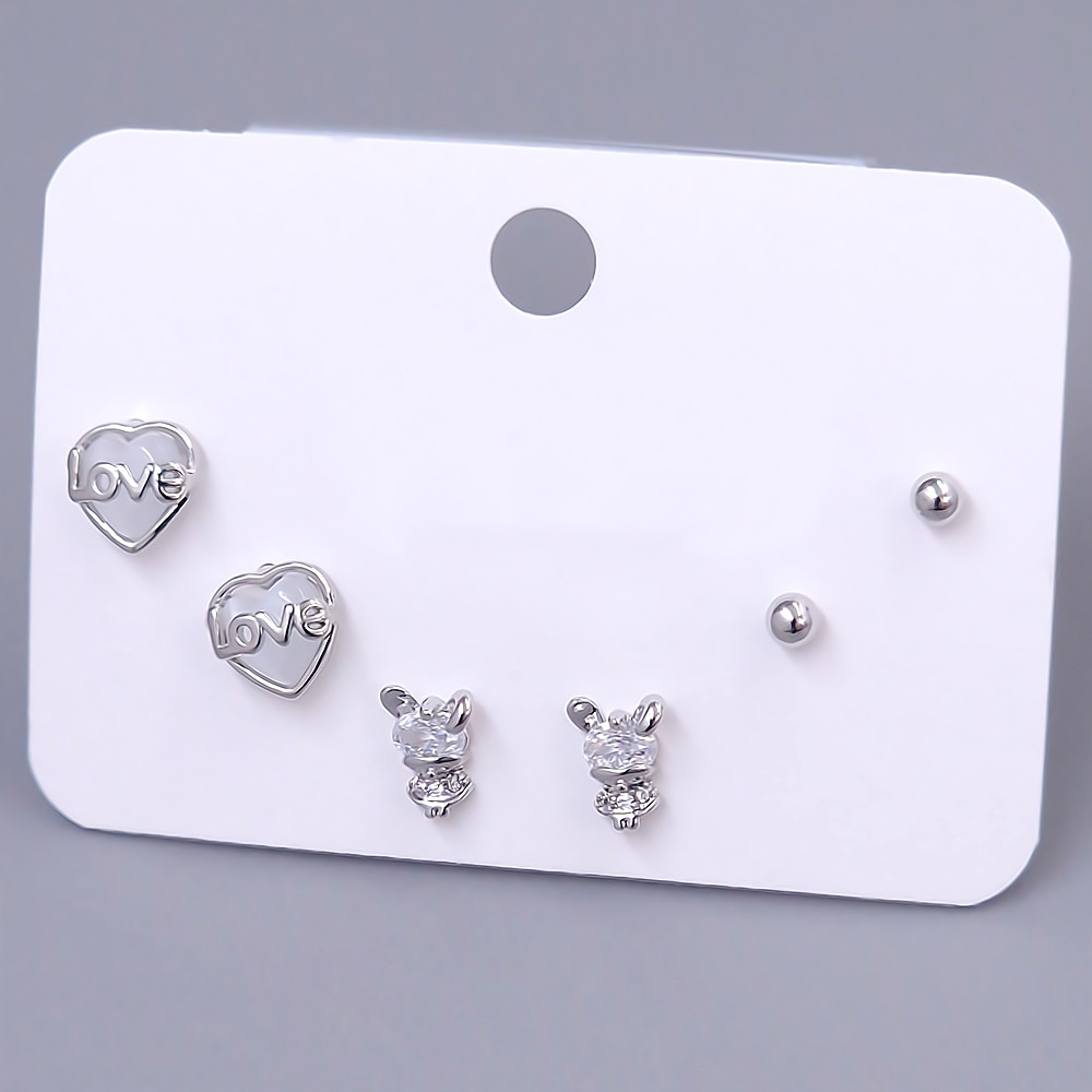 Набір із 3-х пар сережок-гвоздиків FJ. Родій. Камені: білий циркон