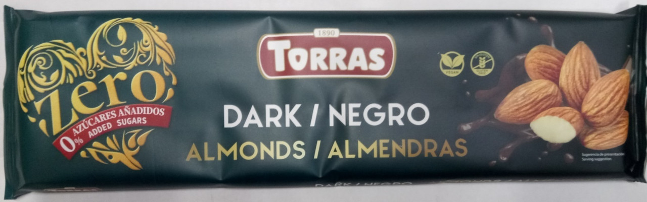 Шоколад темний без цукру і глютену Торрас з мигдалем Torras Zero Dark Almond 300 г Іспанія
