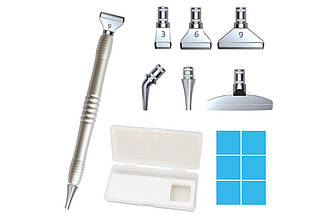 Ручка стилус для алмазної мозайки, футляр + 6 метал.насадок + клей, срібло