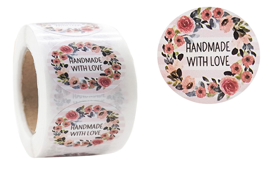 Наклейки стикери "Handmade with love" CJ03, різнобарвні квіти, 2.5 см, 500 шт./рулон, фото 1