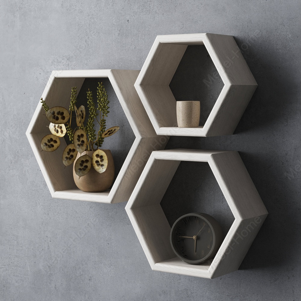 Навісні полиці соти з дерева 3 шт. в комплекті, декоративні відкриті полички для книг на стіну в спальню, фото 1