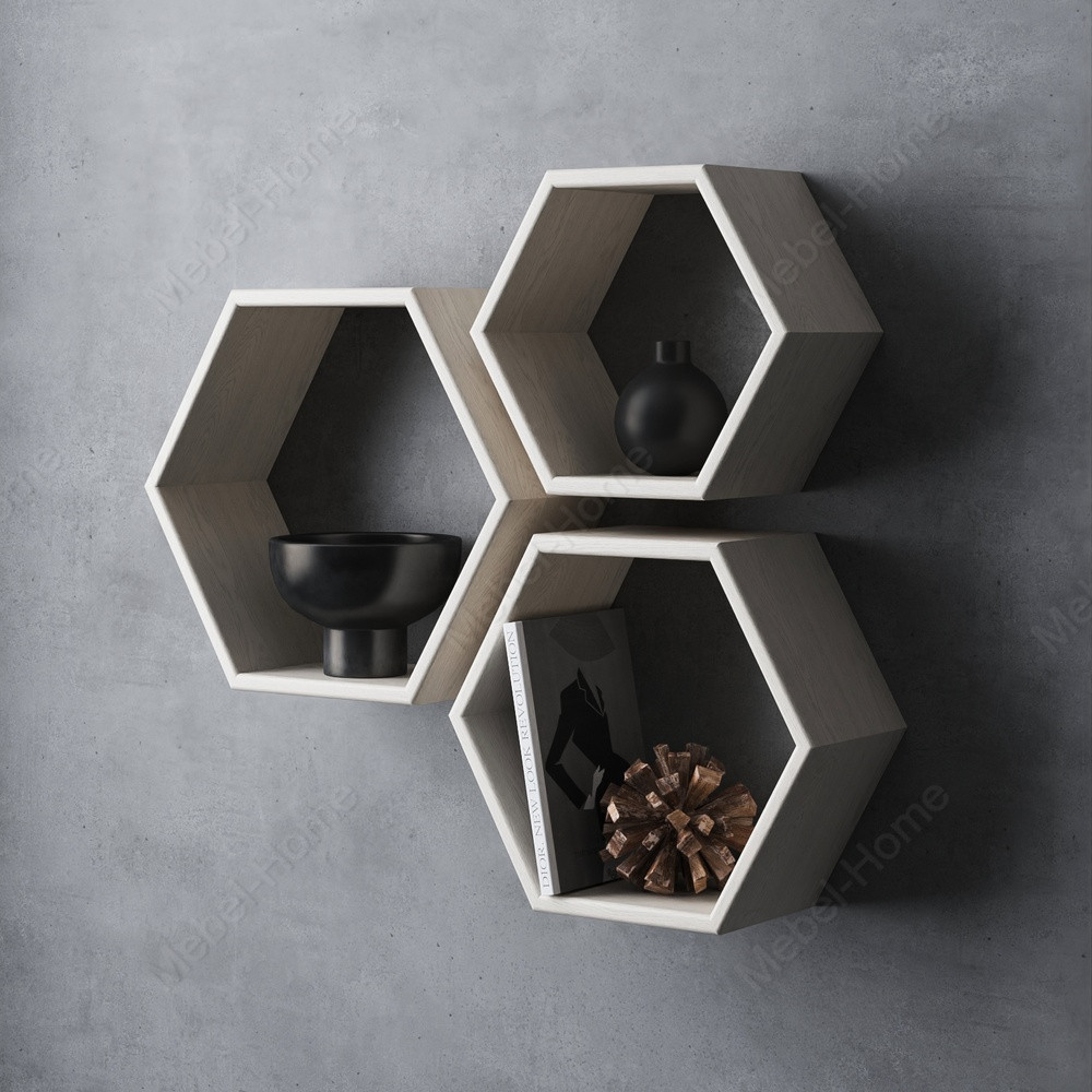 Дерев'яні полиці соти 3 шт на стіну, навісні полиці оригінальні для декору в офіс, декоративні пано, фото 1