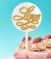 Пластиковий Топпер "Love (Глиттер)" 15х10 Білий Топер з Акрилу Напис для Торта у Квіти Фігурка Пластик