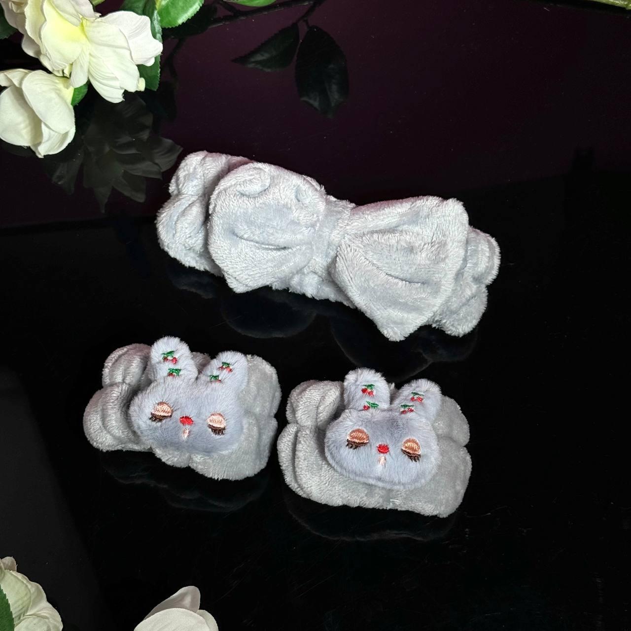 Набір для вмивання та догляду за обличчям пов'язка-бант та напульсники-зайчик, фото 1