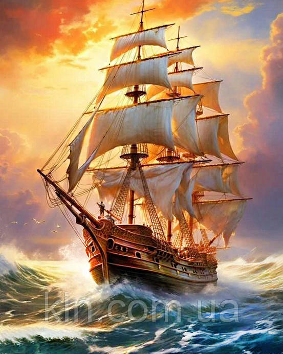 Алмазна вишивка круглі стрази 40 х 50 см на підрамнику Корабель у морі (арт. AR-3186) без коробки, фото 1