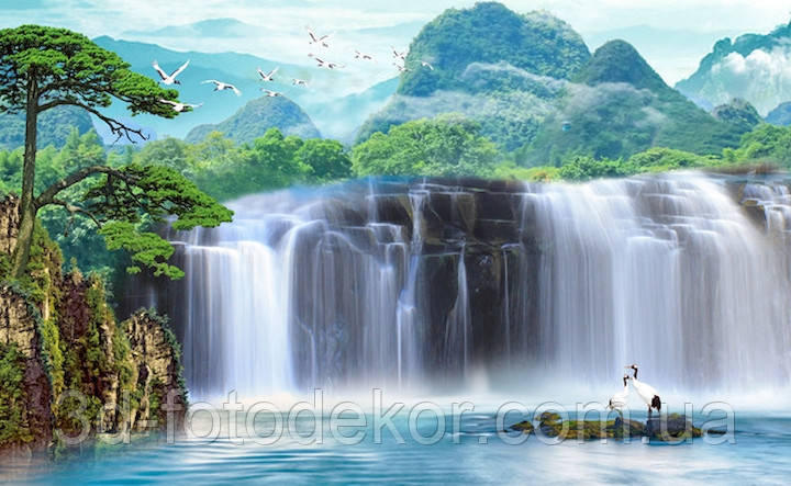 Фотошпалери "Водоспад з журавлями" - Будь-який розмір! Читаємо опис!