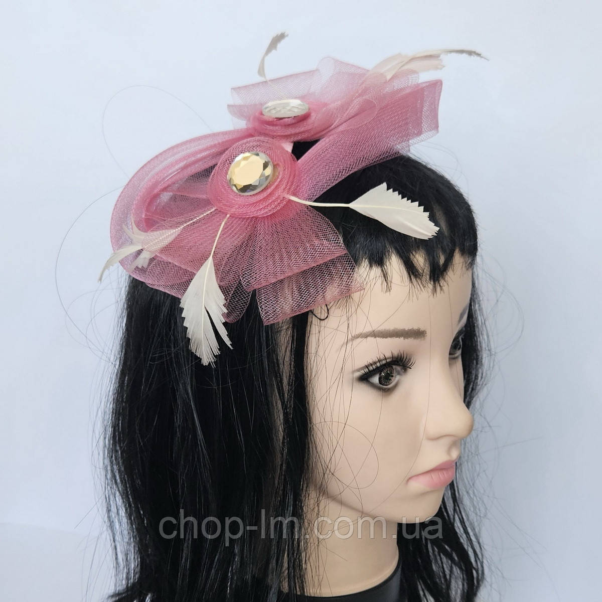 Вуалетка Дзеркальна рожева/Шляпка вечірня з бантами