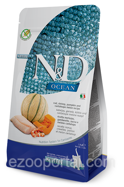 Сухий корм для кошенят Farmina N&D Grain Free Ocean 5кг з тріскою, креветками, гарбузом і динею