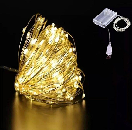 Світлодіодна LED Гірлянда 5м на USB та Батарейках | Жовте світло, фото 1