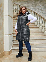 Жіноча демісезонна подовжена жилетка-безрукавка з капюшоном великих розмірів (р.50-60). Арт-1800/9