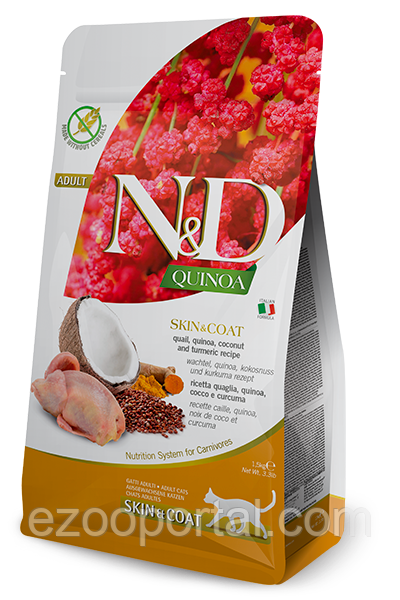 Сухий корм для котів Farmina N&D Grain Free Quinoa Skin & Coat 5кг з перепілкою, кокосом і куркумою