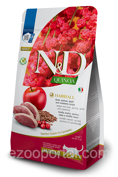 Сухий корм для котів Farmina N&D Grain Free Quinoa Hairball 5кг для виведення шерсті з качкою, кіноа, яблукоv і журавлиною