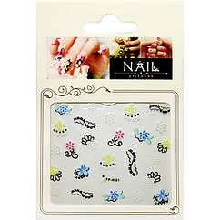 Самоклеючі Наклейки для Нігтів 3D Nail Stickers FPН 01 Різнобарвні Квіти і Чорний Орнамент Дизайн Манікюру