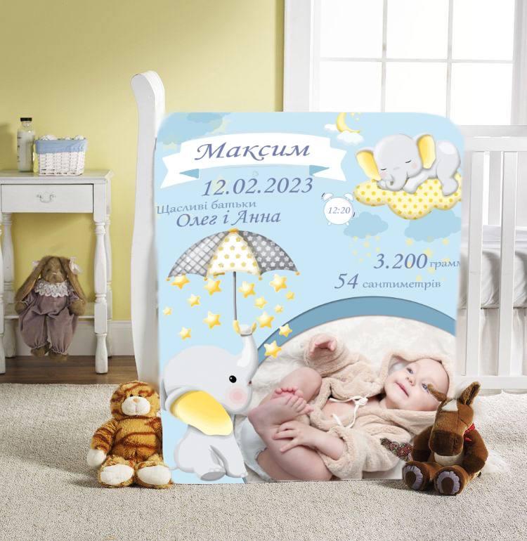 Плед 3D зі своїми побажаннями з метрикою Метриковий плед слоник пухнастик для хлопчика з 1 фото 20222383_C 11566 80х100 см yL., фото 1