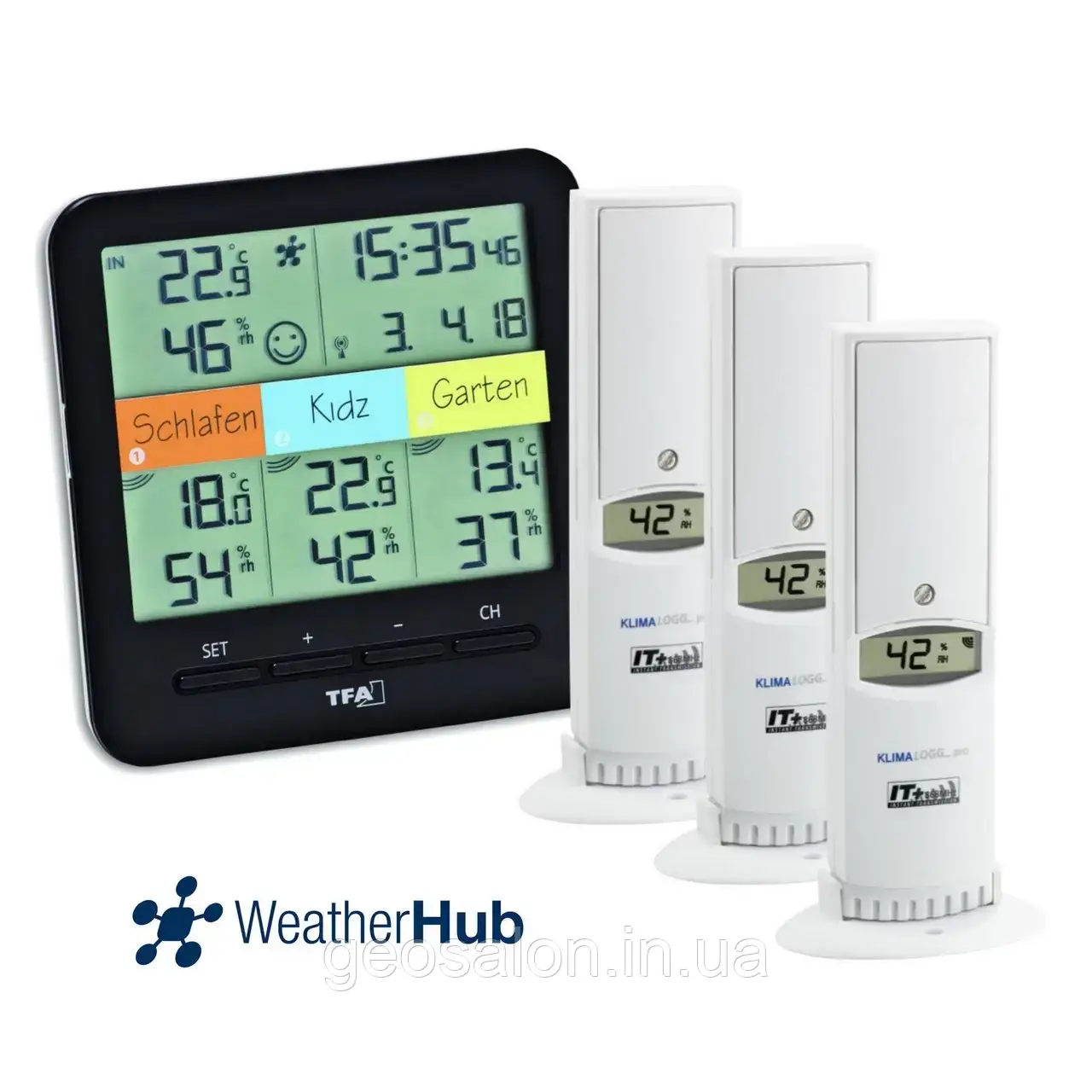 ТЕРМОГІГРОМЕТР ЦИФРОВИЙ TFA "KLIMA@HOME" WEATHERHUB, 3 ЗОВНІШНІХ РАДІОДАТЧИКА, 128X32(58)X128 ММ, BLACK