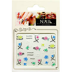 Самоклеючі Наклейки для Нігтів 3D Nail Stickers FPН 07 Різнобарвні Квіти і Чорні Штрихи, Дизайн Нігтів