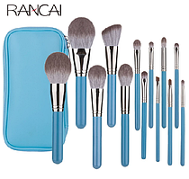 Набір косметичних пензлів для обличчя та очей RANCAI у брендовому пеналі, 13 штук, у блакитному кольорі