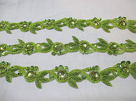 Тасьма зи стразами "листочки" "салатова 3,5 см. Тасьма зі стразами