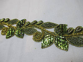 Тасьма зи стразами "Листочки" зелені 5 см. Тасьма зі стразами