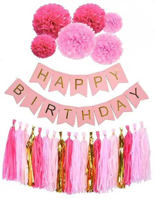 Набір із кульок Помпони з написом Happy Birthday |Троянда Фуксія