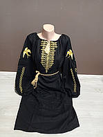 Дизайнерська чорна жіноча сукня "Гідність" з вишивкою з довгим рукавом Амулет Україна 44-64 розміри