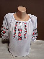 Жіноча біла блузка з вишивкою "Червоні троянди" з рукавом 3/4 Україна УкраїнаТД 42-64 розміри шифон
