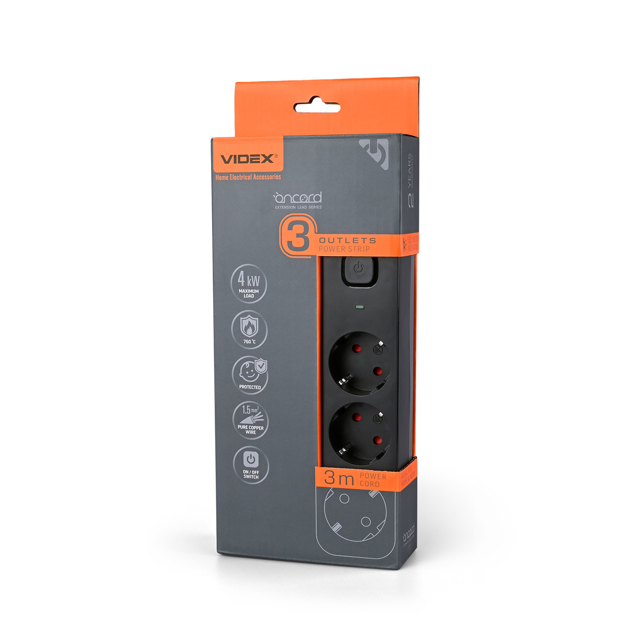 Подовжувач Videx ONCORD на 3 гнізда 16А 3 метра з заземленням і кнопкою чорний VF-PD33G-B