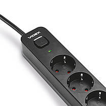 Подовжувач Videx ONCORD на 3 гнізда 16А 3 метра з заземленням і кнопкою чорний VF-PD33G-B, фото 4