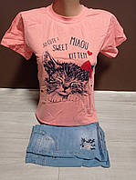 Дитячий костюм для дівчинки підлітка Туреччина футболка та шорти джинс Котик 9-14 років персик
