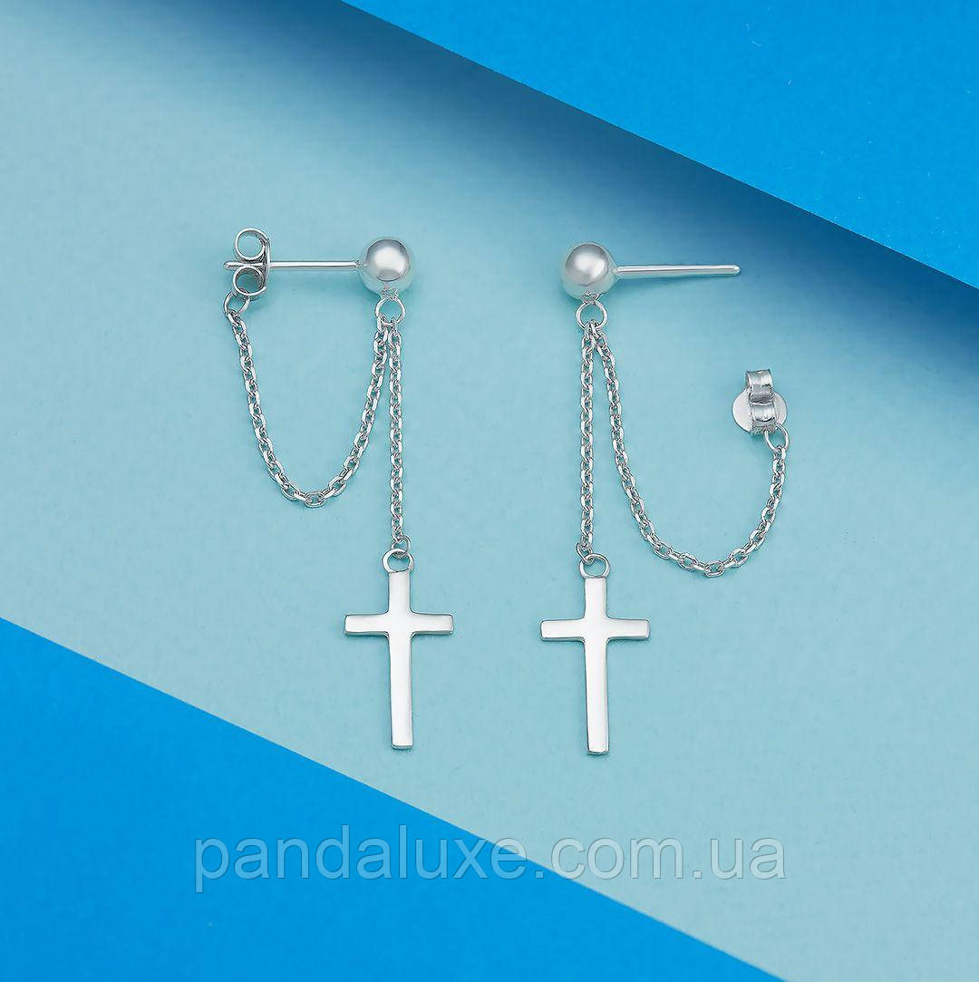 Сережки гвоздики срібні пусети Хрест з ланцюжком