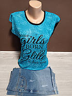 Дитячий костюм для дівчинки підлітка Туреччина футболка та шорти джинс Аквамарин 12-18 років бірюза