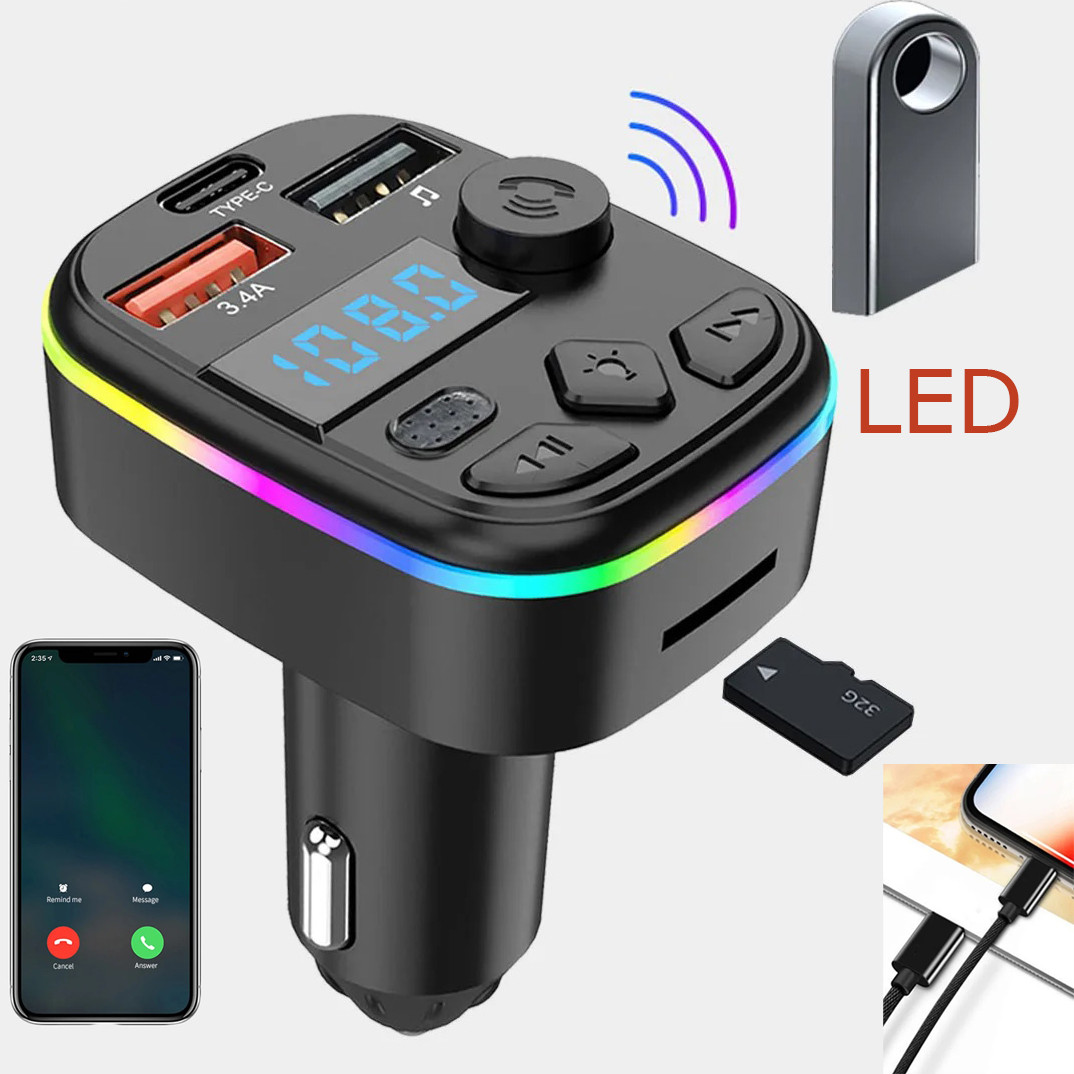ФМ-модулятор з блютуз C4 (TF Card, Led-підсвітка, MP3 Player Dual USB Type C), фото 1