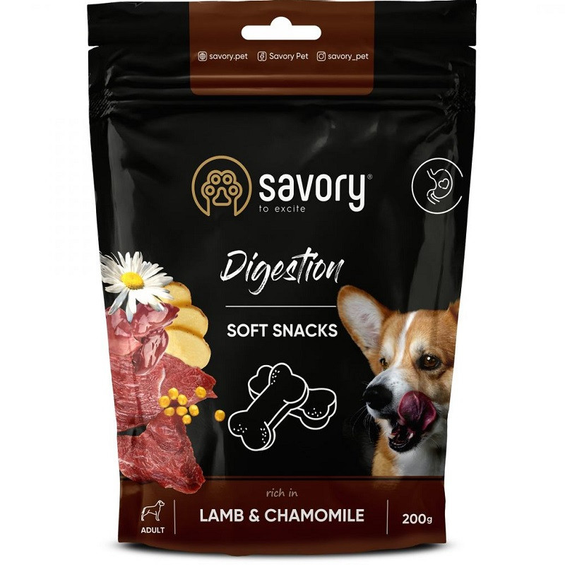 Ласощі для собак Digestion Soft Snacks для поліпшення травлення з ягням і ромашкою 200 г Сейворі Savory, фото 1