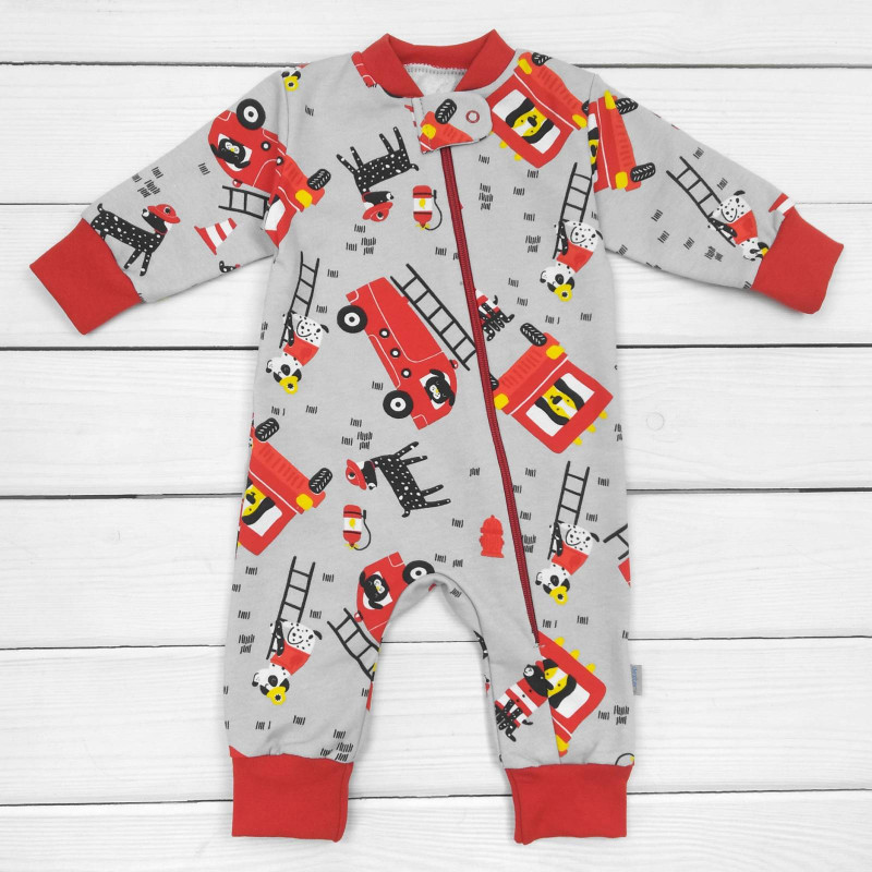 Сліп з начосом Firetruck на блискавці зріст 74 см (6 - 9 місяців) Malena Сірий з червоним принтом, фото 1