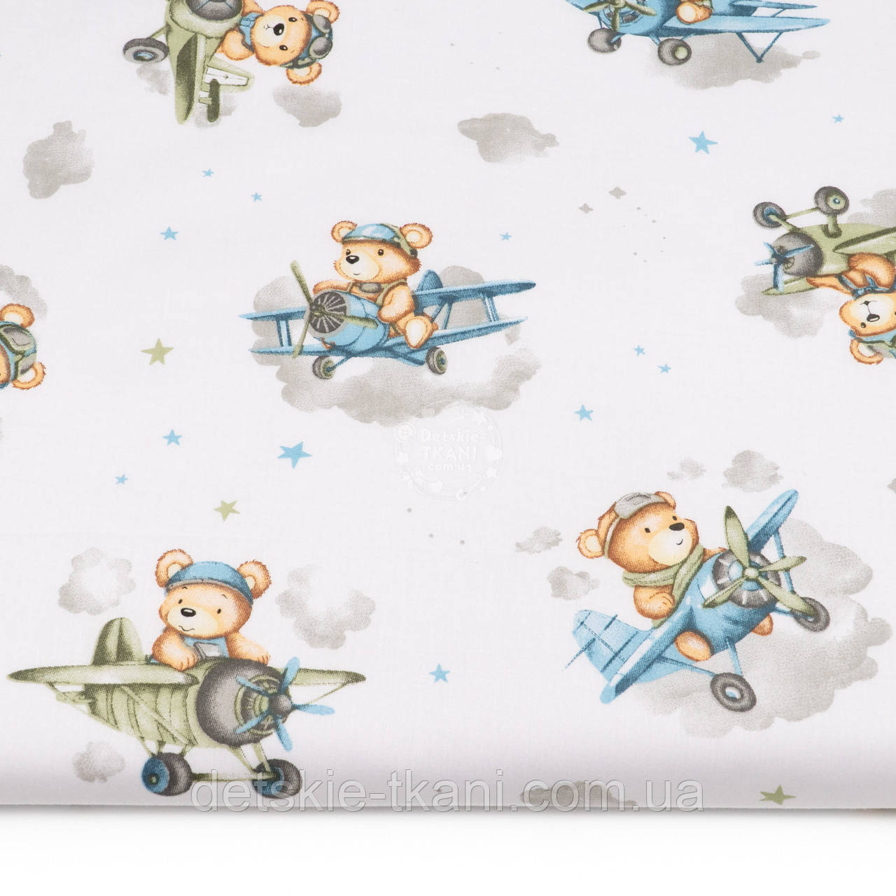 Бязь "Ведмедики в блакитних і оливкових літаках на білому тлі", №5179, фото 1