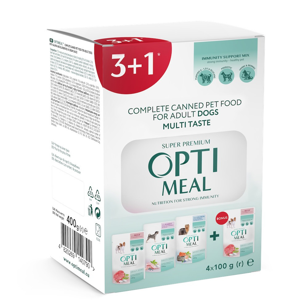 Optimeal Pouch DOG 3+1 Multi Taste (Beef) для собак, асорті 4х100г 140790, фото 1