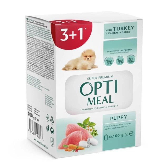 Optimeal Pouch DOG 3+1 Puppy Turkey & Carrot sauce для цуценят з індичкою та морквою у соусі 4х100г 140813