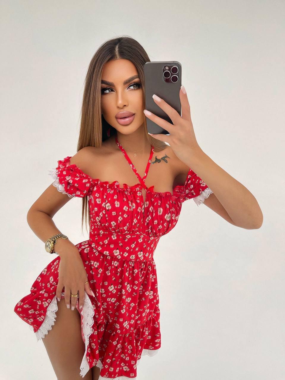 Коротке плаття з пишною спідницею з мереживом відкритими плечима та зав'язкою на грудях (р. S, M) 66PL5759Е, фото 1