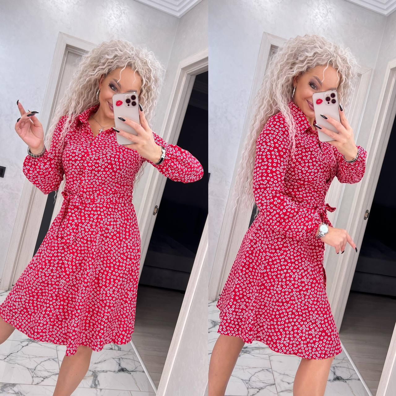 Сукня сорочка міді приталена в дрібний принт з поясом (р. 42-48) 85PL5760, фото 1