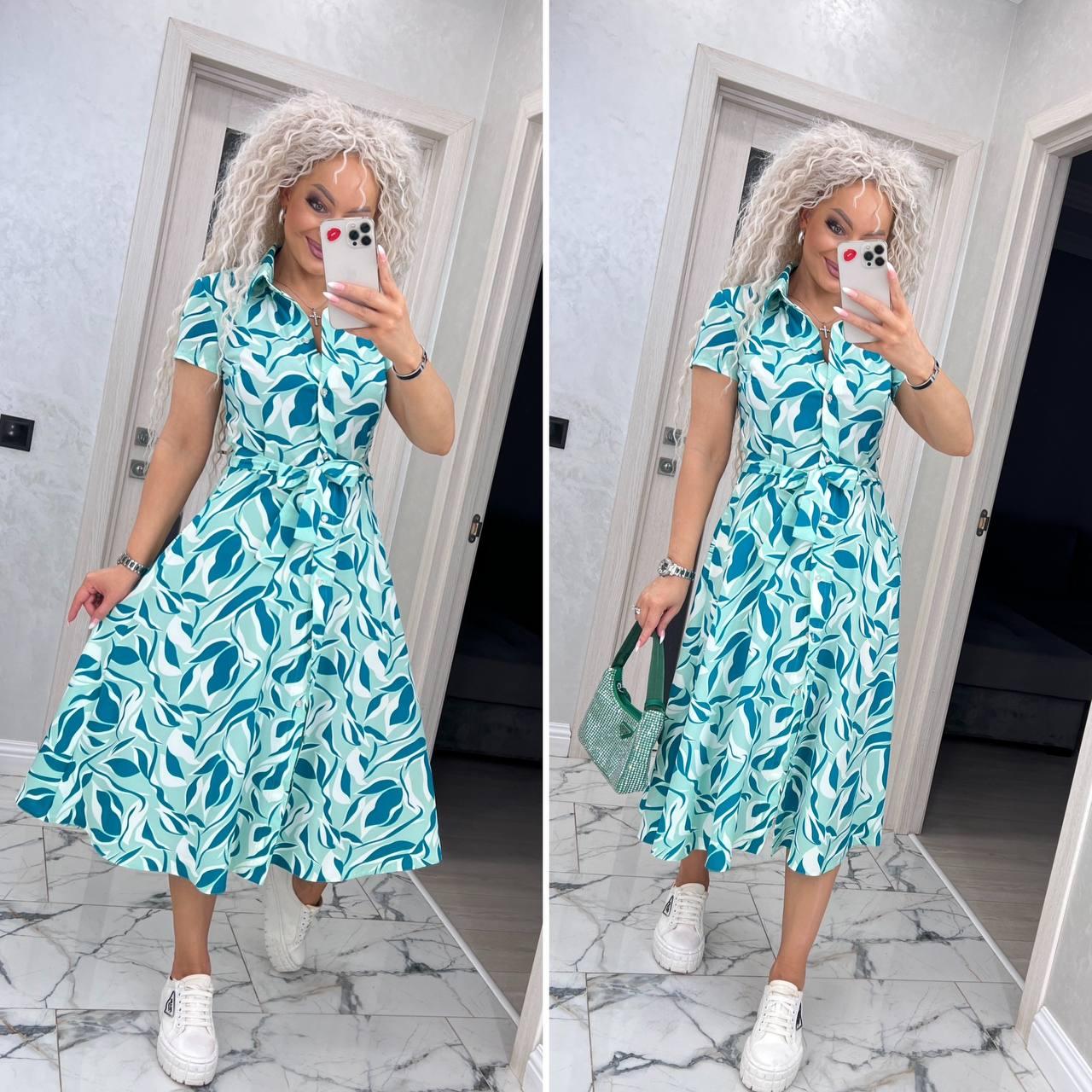 Сукня міді на ґудзиках із розкльошеною спідницею поясом і короткими рукавами (р. 42-52) 85PL5761, фото 1