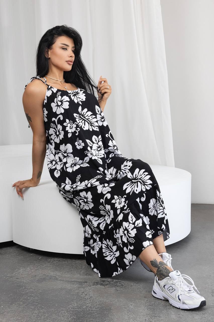 Вільний сарафан міді у квітковий принт на тонких бретелях без рукавів (р. 42-52) 2PL5763, фото 1