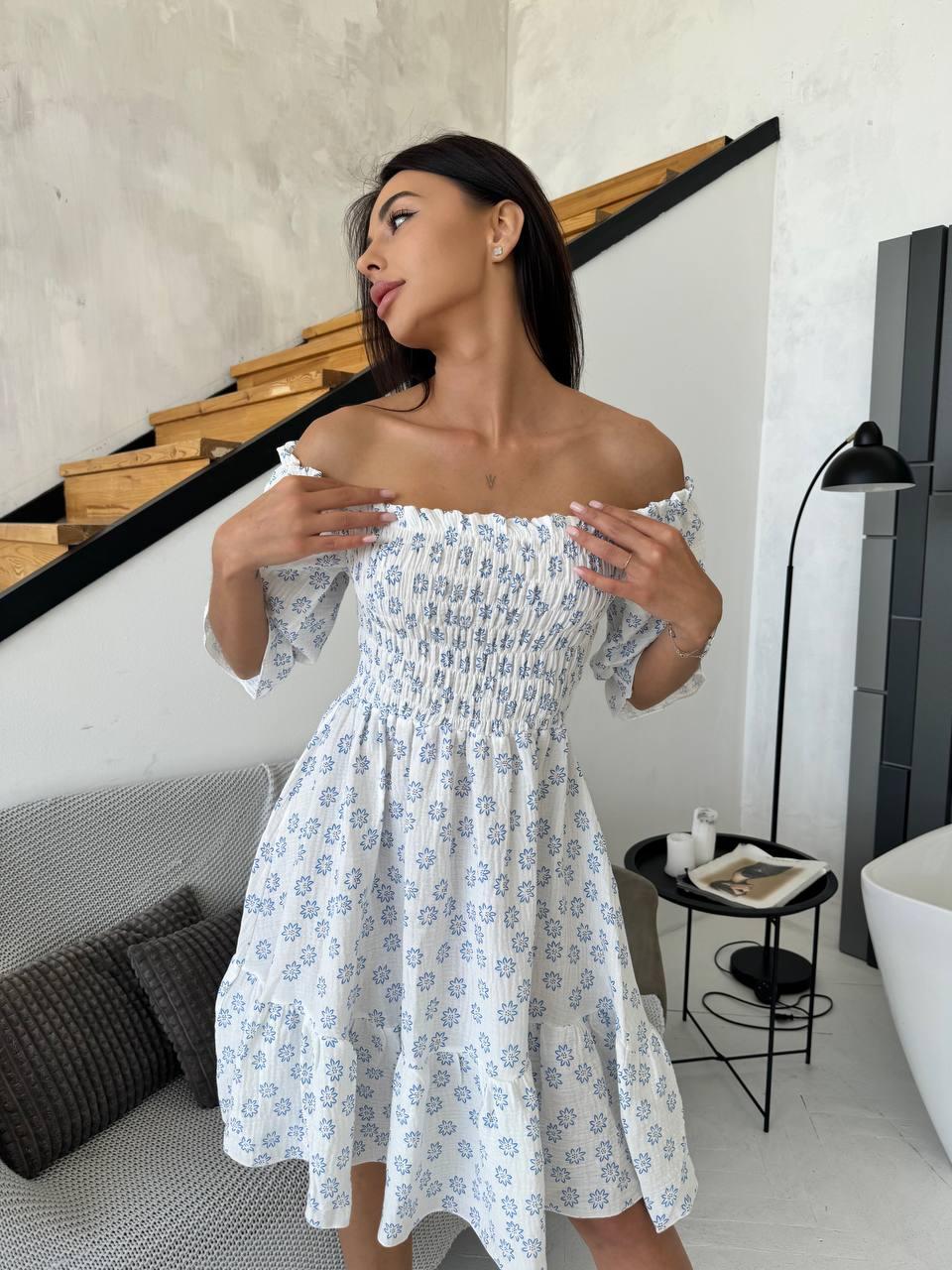 Муслінова сукня з відкритими плечима та резинкою на грудях зі спущеними рукавами (р. 42-52) 2PL5771, фото 1