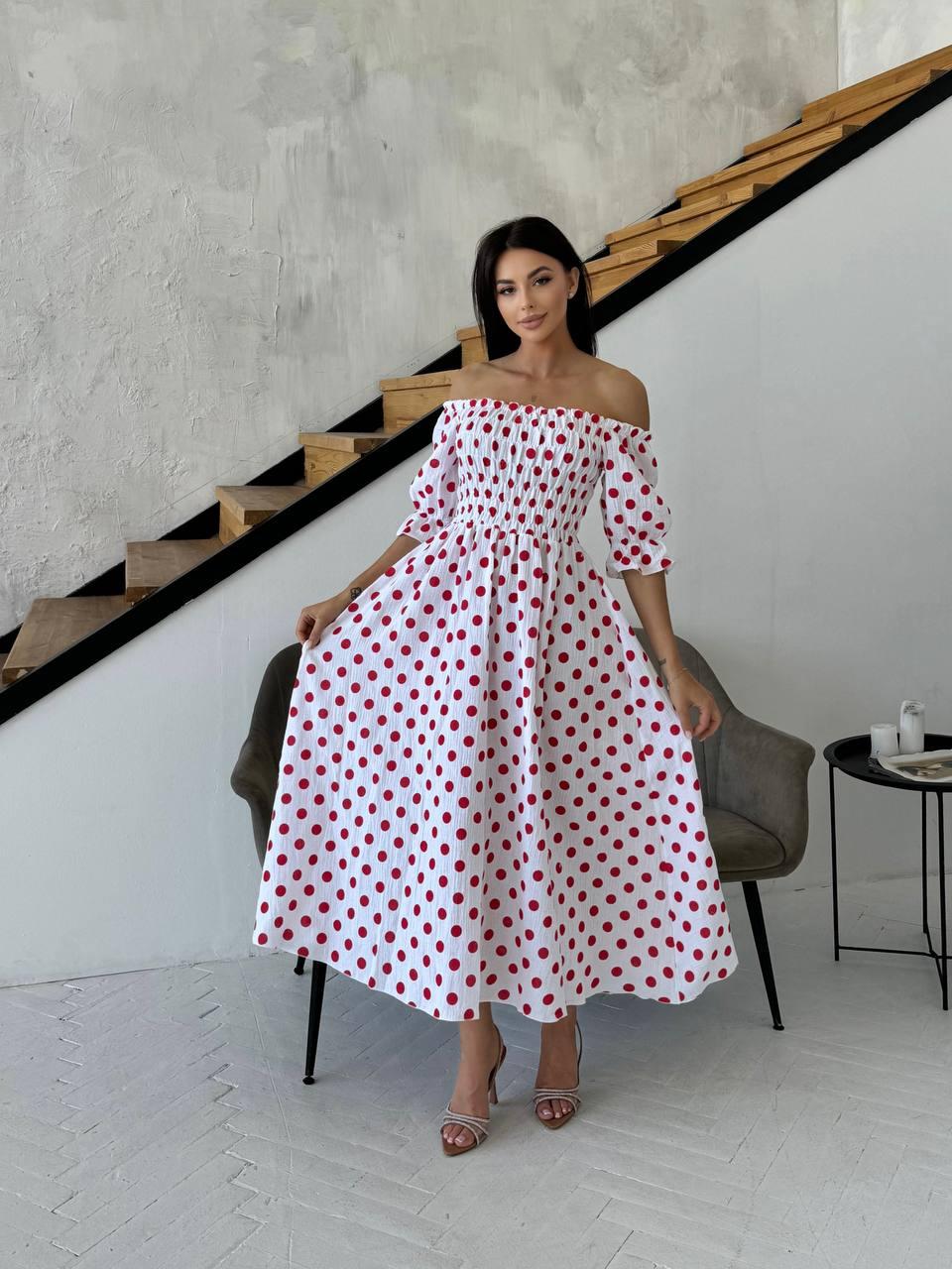 Муслінова сукня міді з відкритими плечима та розкльошеною спідницею (р. 42-46) 63PL5774, фото 1