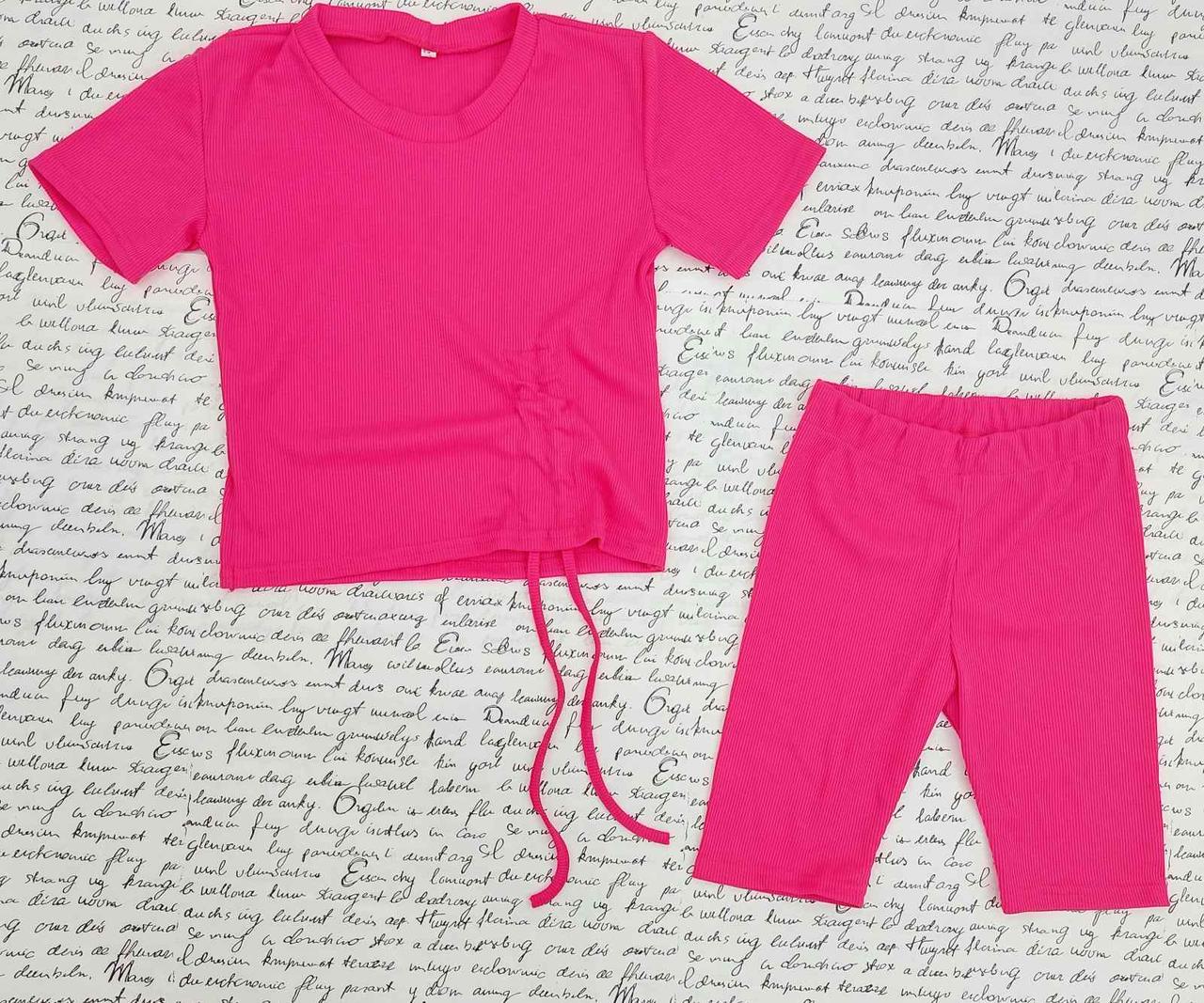 Костюм рубчик велосипедки+футболка на дівчинку р 122-146 малина