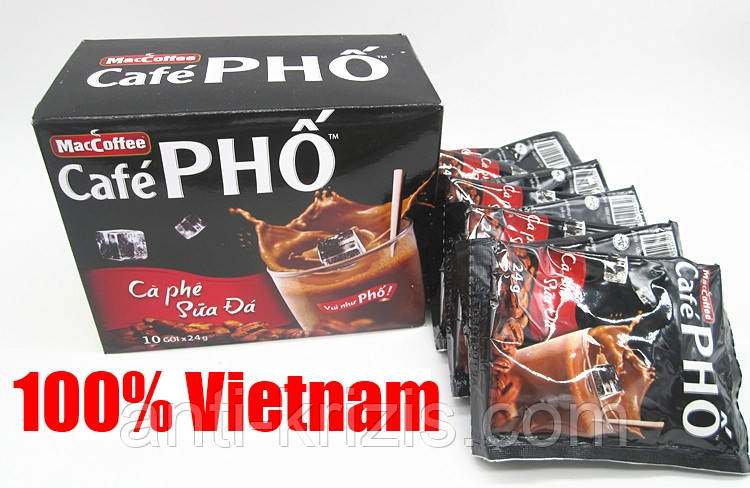 В'єтнамська натуральна розчинна кава Cafe PHO 3в1, 10*24 гр, Maccoffee Cafe PHO, ціна за 240 г.(10 стиків)