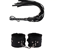 Наручники кожаные с мехом и кожаный кнут набор для бдсм эротических игор черный